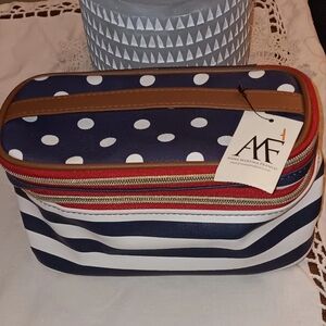 Anna Martina Franco Cosmetic bag, Navy, White, red, Polka dots, NWT, 8x3 1/2